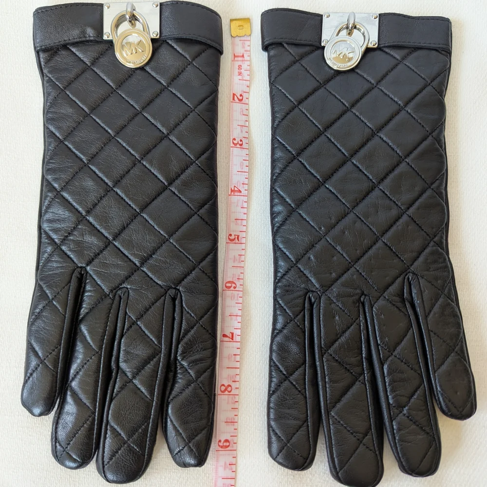 Michael Kors Black Quilted Leather Gloves with Silver Accents